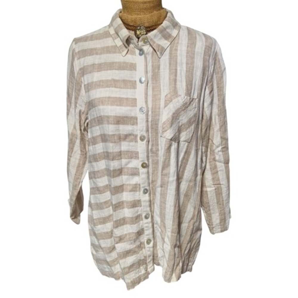 Soft Surroundings Tan White Striped Linen Blend Back Zip Shirt XL 2CK23 - Picture 2 of 6